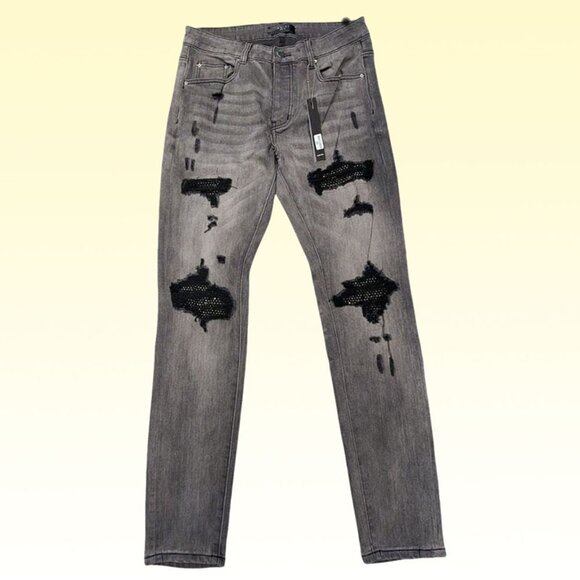 Amiri Washed Grey Mesh Ripped Slim Jeans